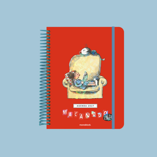 Portada de la agenda diaria para 2027 Sillón con organización a día por hoja e ilustración de Liniers de Enriqueta leyendo en un sillón rodeada de otros personajes de Macanudo