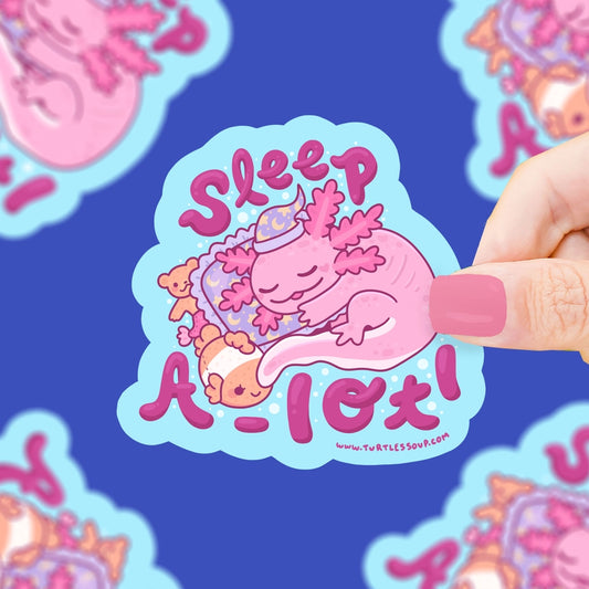 Pegatina de vinilo con un ajolote durmiendo y el mensaje "sleep a lotl"