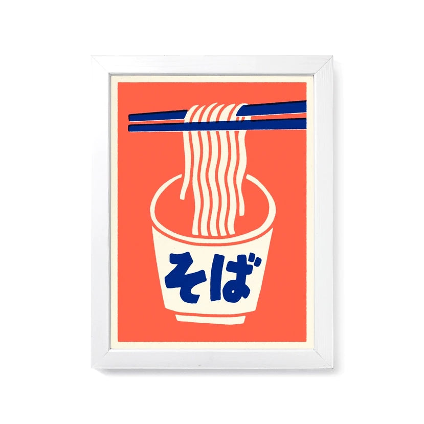 Cuadro con ilustracion de un bote de fideos de soba sujetados con palillos japoneses sobre fondo naranja