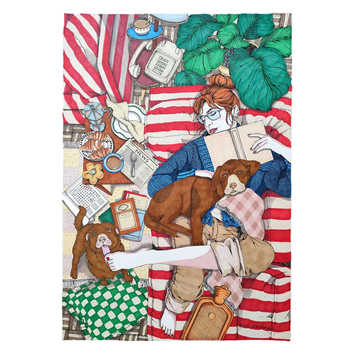 ilustración de la artista Ana Jarén durmiendo en un sofá con perros