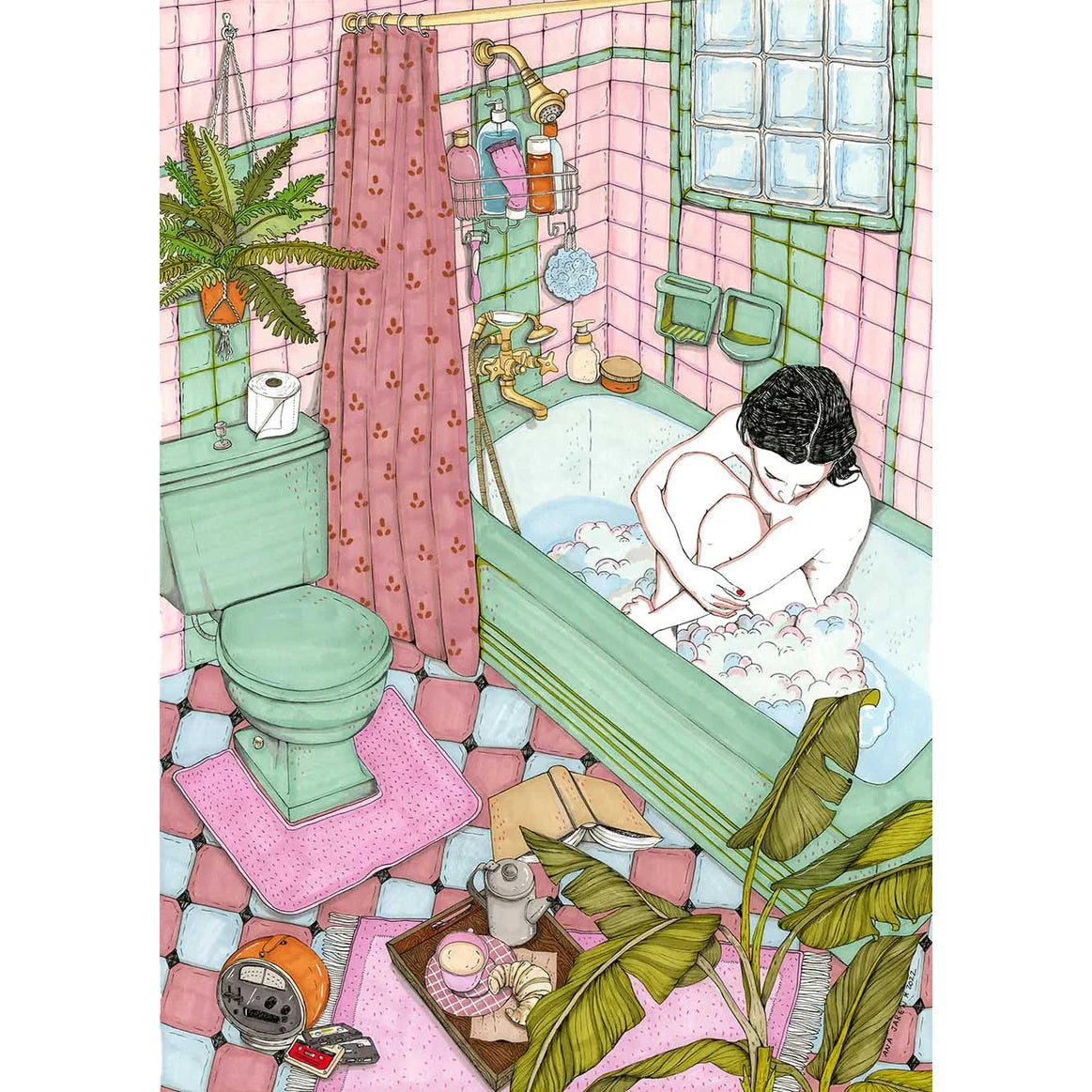 Ilustración de mujer en la bañera abrazada a sus rodillas entre espuma