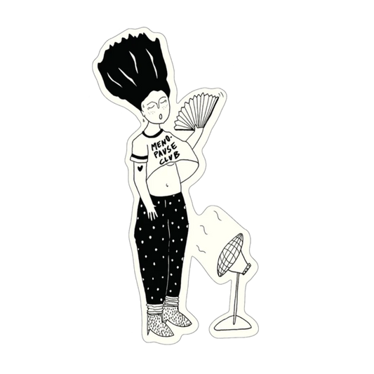 Pegatina en blanco y negro de una mujer delante de un ventilador abanicándose al mismo tiempo y con una camiseta en la que pone "Menopause Club". 