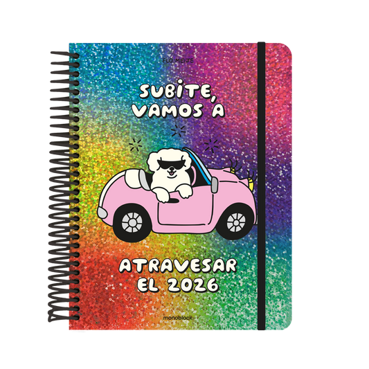 Agenda 2026 de Flo Meije con ilustración de un perro blanco con gafas de sol en un descapotable rosa y la frase: "Subite, vamos a atravesar el 2026"