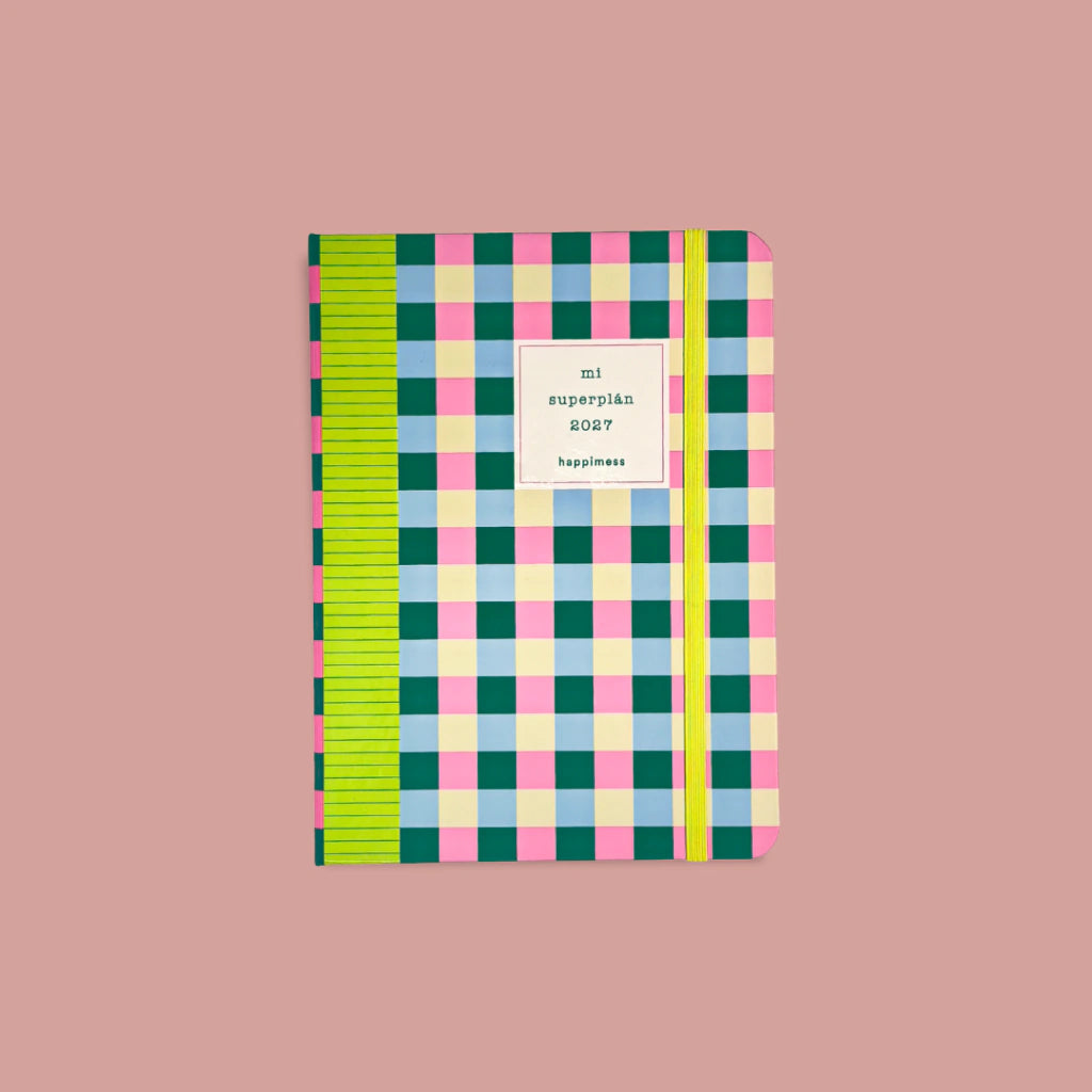 Agenda Mi Superplán 2027 Rainbow Dancer Happimess - portada cuadros multicolor con elástico amarillo, fondo rosa