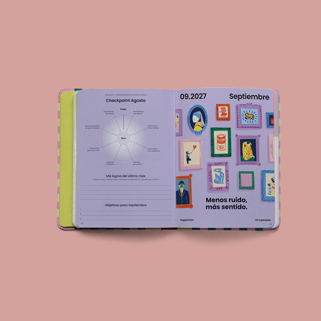 Agenda Mi Superplán 2027 Rainbow Dancer Happimess - portada cuadros multicolor con elástico amarillo
