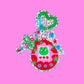 pegatina tamagochi con imagen de una rana con fondo rosa