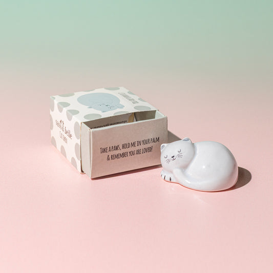 Token en forma de gato blanco durmiente con su caja al lado sobre fondo degradado verde y rosa. 