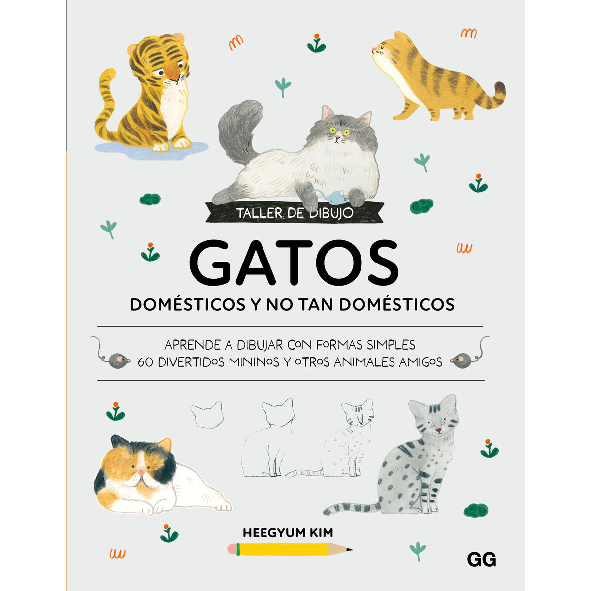 Portada del libro Taller de dibujo: gatos domésticos y no tan domésticos, de Heegyum Kim, con ilustraciones de gatos y felinos.