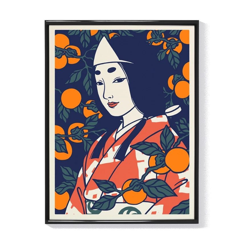 Serigrafía con la ilustración de un fantasma con la forma de una bella mujer japonesa con el kimono tradicional rodeada de caquis