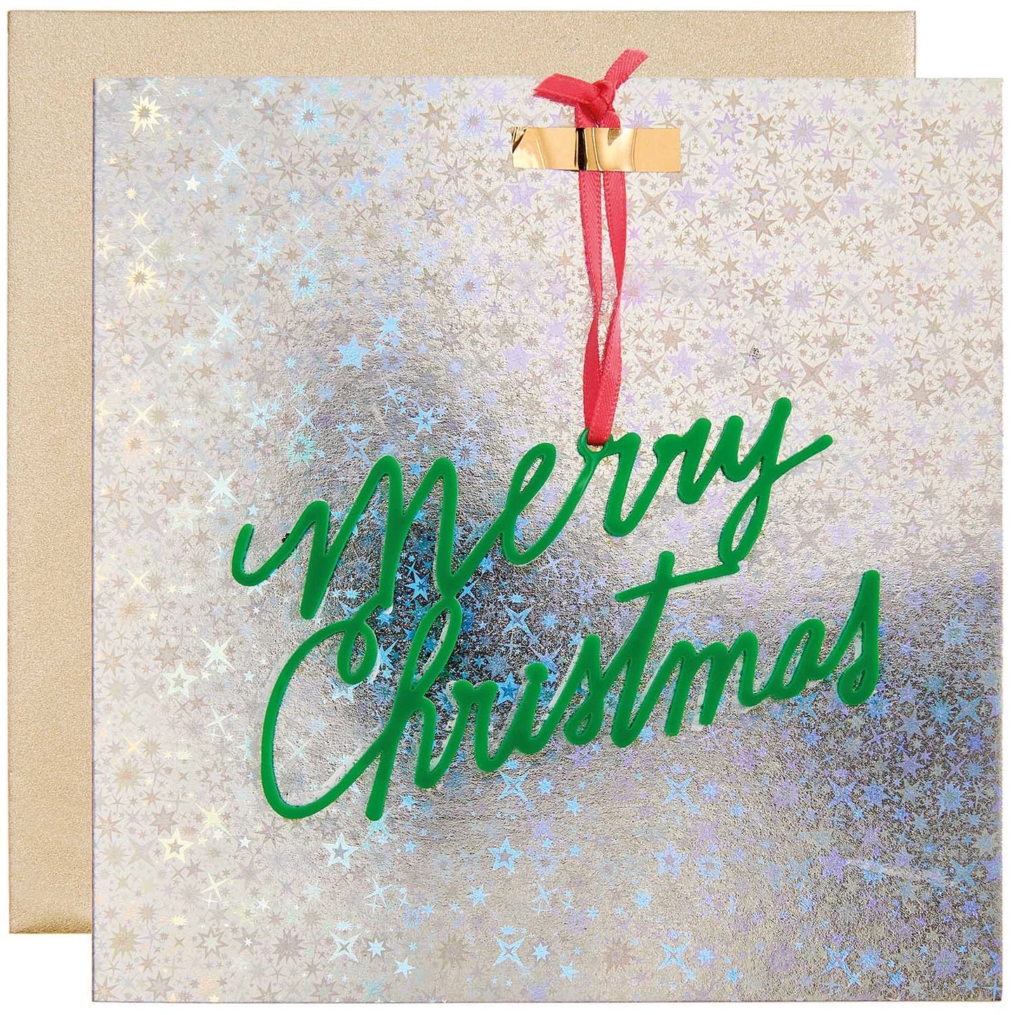 tarjeta de felicitación navideña cuadrada en color plateado y destellos holográficos, y el texto Merry Christmas en verde