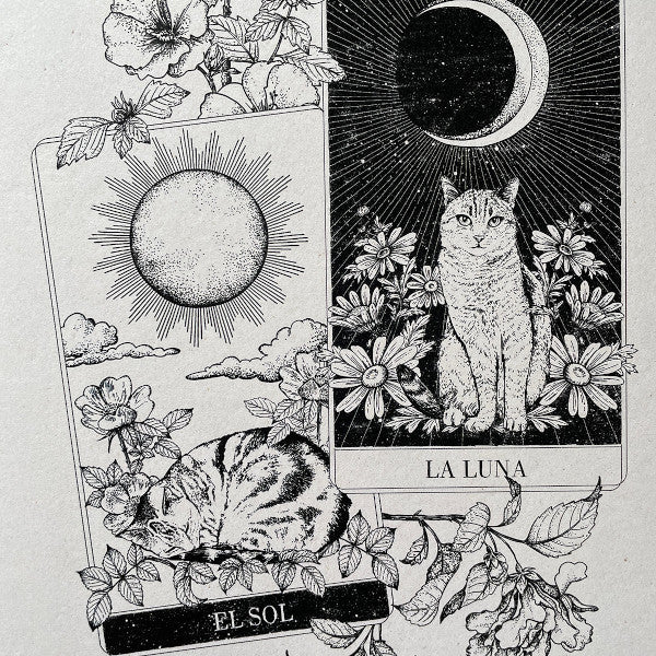 Detalle de la ilustración de Laura Agustí con dos arcanos del tarot, el sol y la luna, con gatos y flores