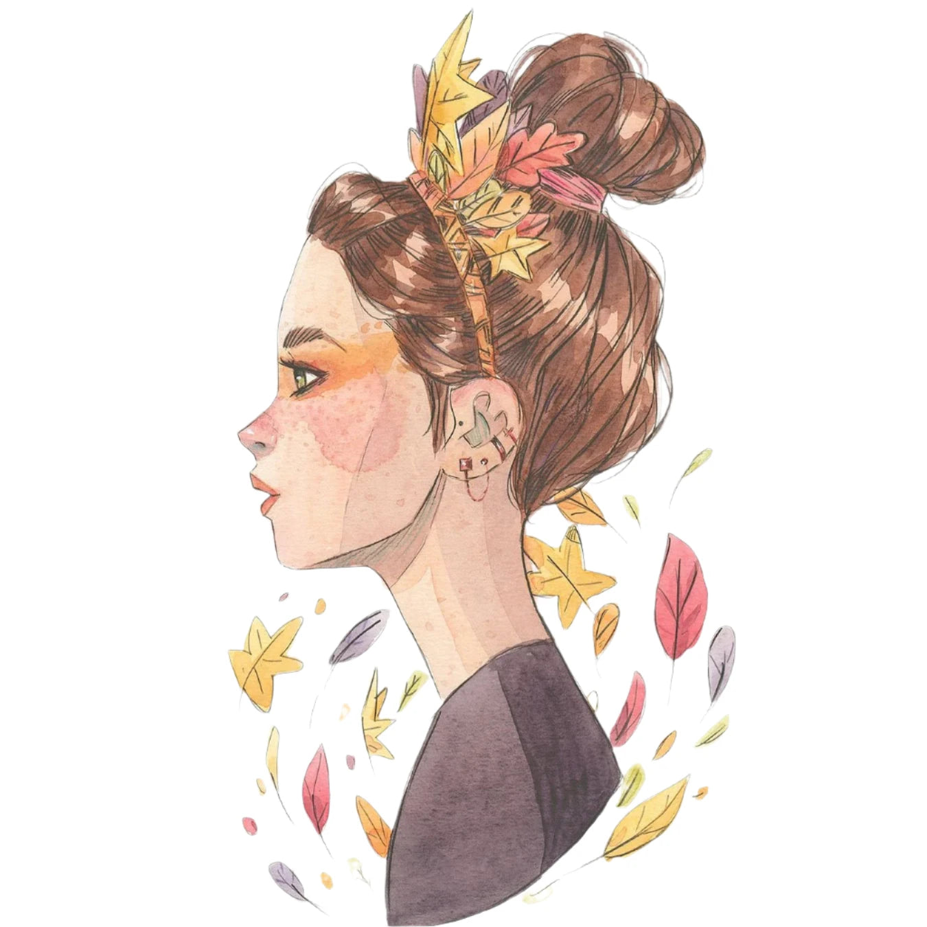 Ilustración de Esther Gili de una chica de perfil con el pelo recogido en un moño y una diadema de hojas secas en el pelo