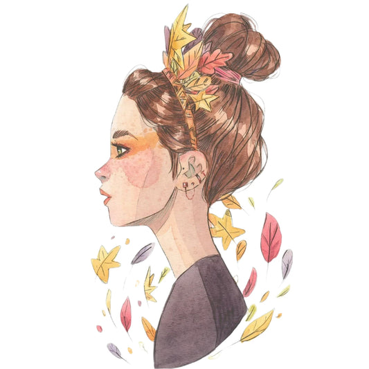 Ilustración de Esther Gili de una chica de perfil con el pelo recogido en un moño y una diadema de hojas secas en el pelo