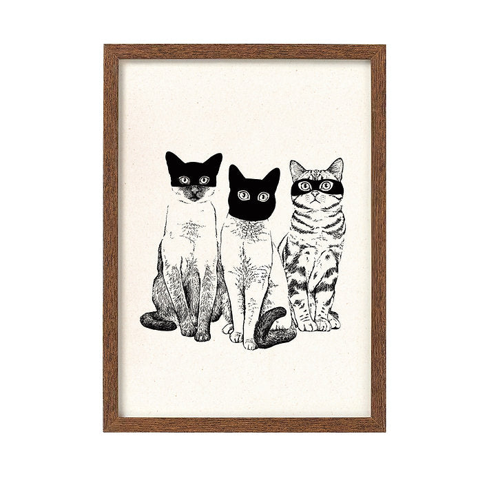 Lámina en blanco y negro de Laura Agustí de tres gatos con máscaras/anifaz mirando al frente.