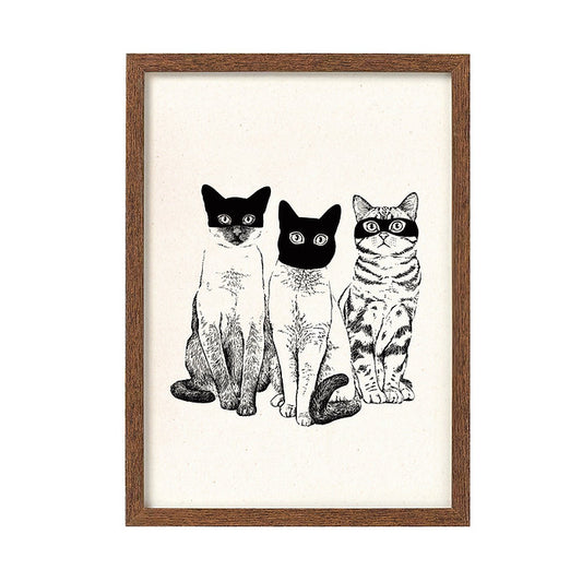 Lámina en blanco y negro de Laura Agustí de tres gatos con máscaras/anifaz mirando al frente.