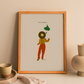 Print enmarcada Tierra Melódica de la ilustradora Alera Vida con una persona bailando con su cara escondida por un gorro y una hoja verde saliendo del gorro