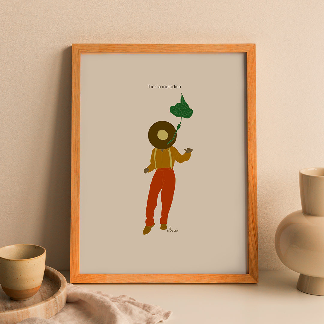 Print enmarcada Tierra Melódica de la ilustradora Alera Vida con una persona bailando con su cara escondida por un gorro y una hoja verde saliendo del gorro
