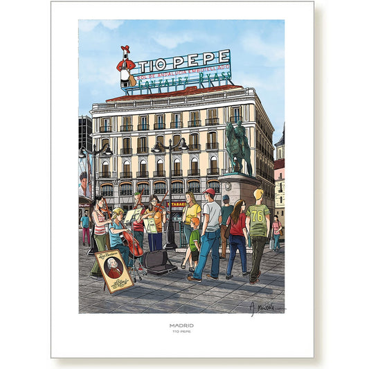 Ilustración de la puerta del sol de Madrid con el cartel de tío Pepe como protagonista