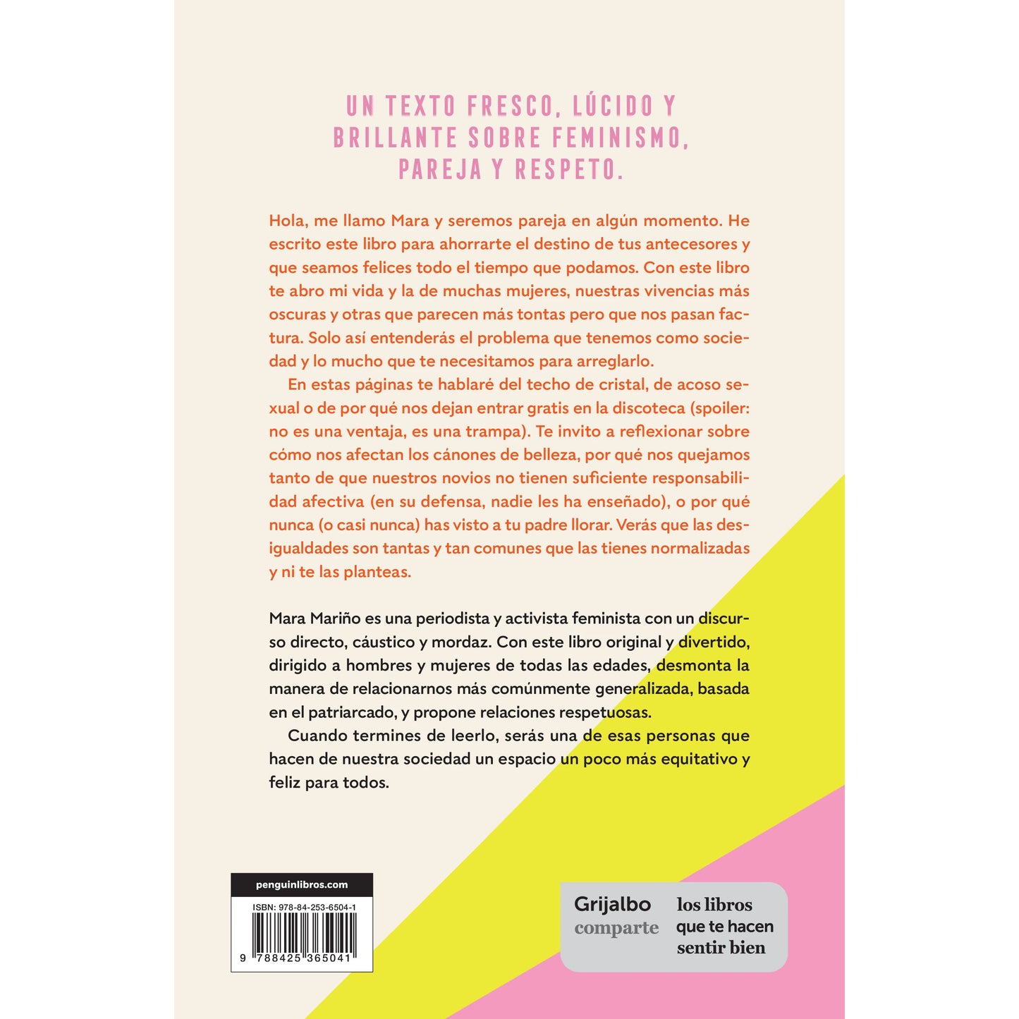 contraportada del libro "todo lo que mi novio debe saber sobre el feminismo" de Mara Mariño de la editorial Grijalbo.