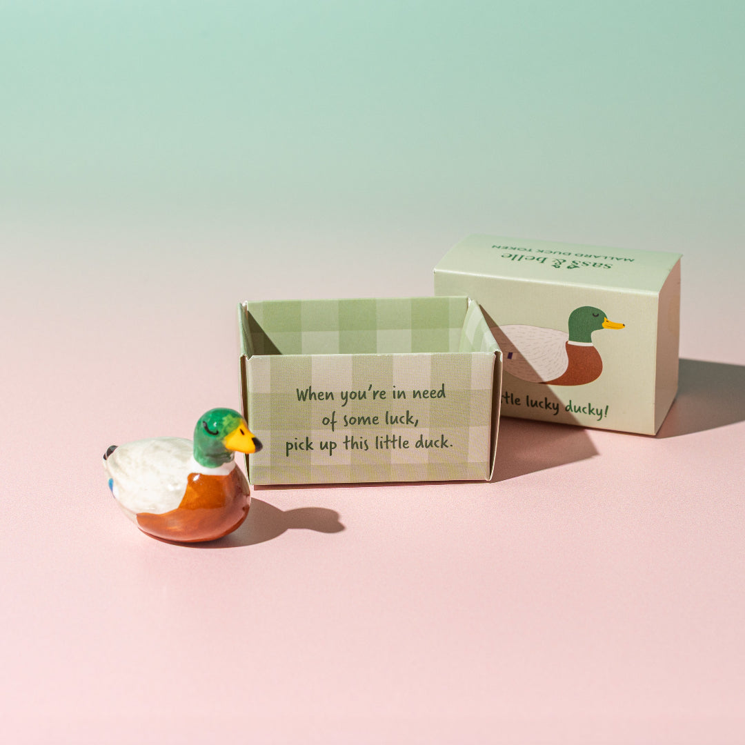 Token en forma de pato con su respectiva cajita en la que pone "When you're in need of some luck, pick up this little duck" con fondo degradado rosa. 