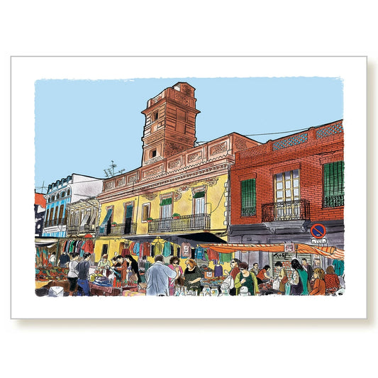 Lámina con ilustración de la torre miramar de la calle Escalante en el barrio de Valencia de El Cabanyal con un mercadillo de ropa