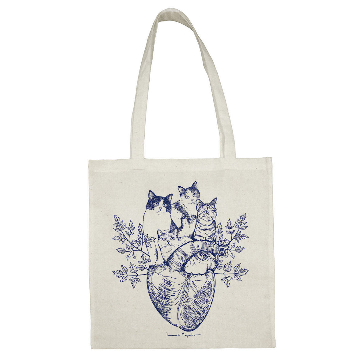 Tote bag de algodón con ilustración de cuatro gatos sobre un corazón anatómico