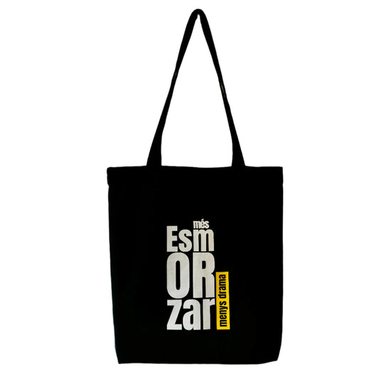 Tote Bag negra con el mensaje Més esmorzar menys drama