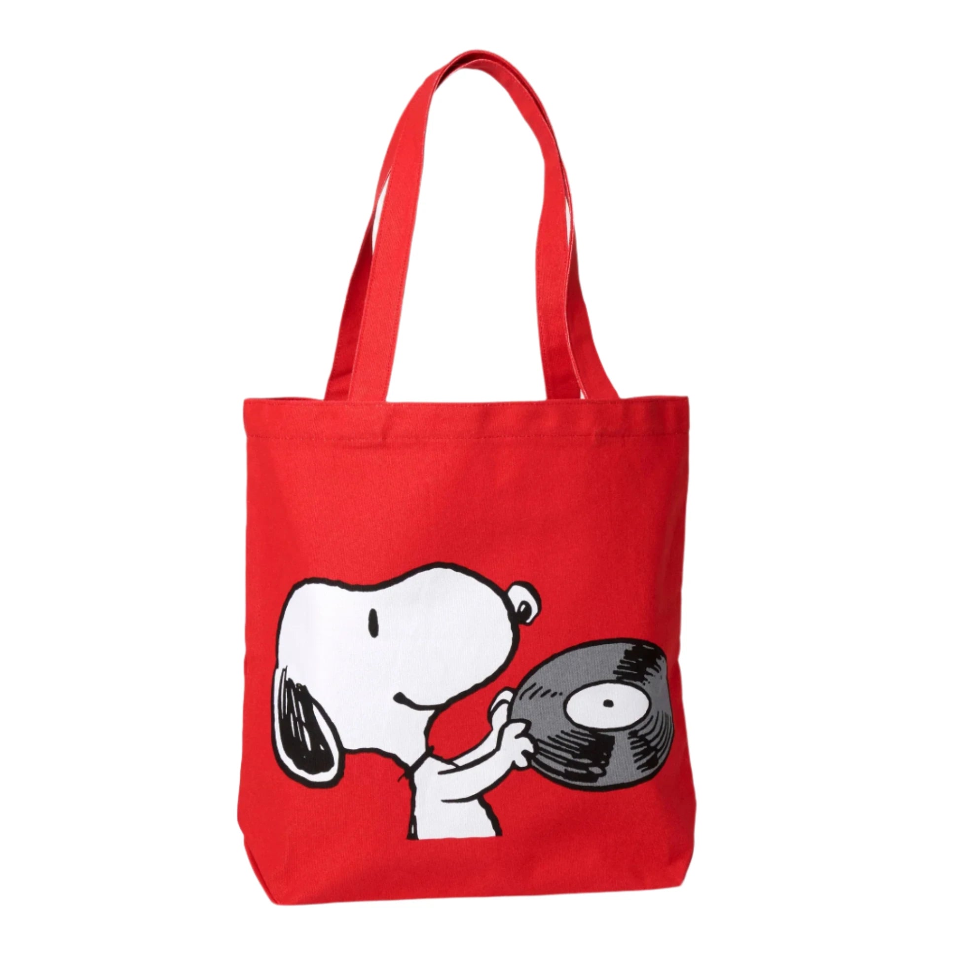 Tote bag roja con ilustración de Snoopy y un disco de vinilo