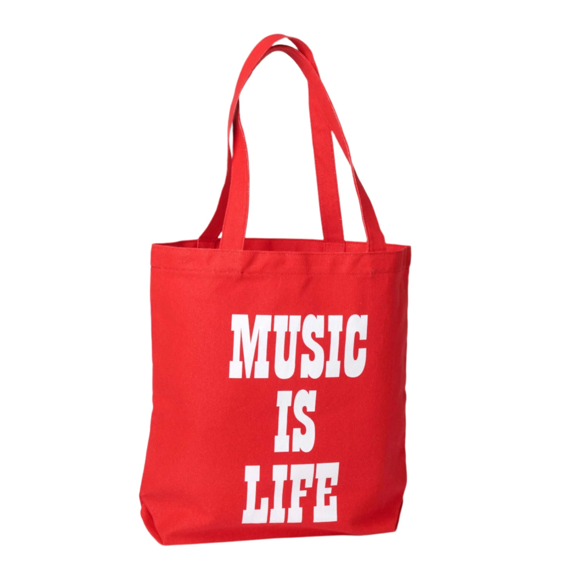 Tote bag roja con la frase "Music is life" en letras mayúsculas blancas en el reverso