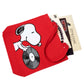 Tote bag roja con Snoopy cogiendo un disco de vinilo y discos de Fleetwood Mac, The Velvet Underground y Soft Cell