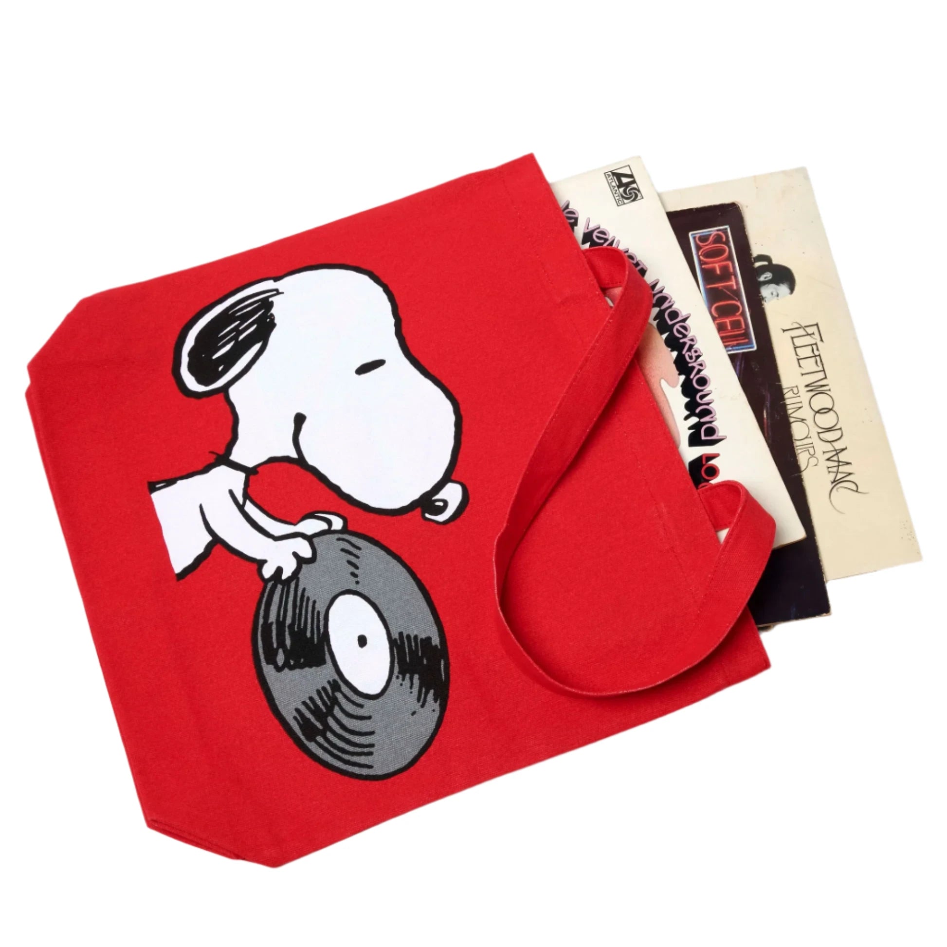 Tote bag roja con Snoopy cogiendo un disco de vinilo y discos de Fleetwood Mac, The Velvet Underground y Soft Cell