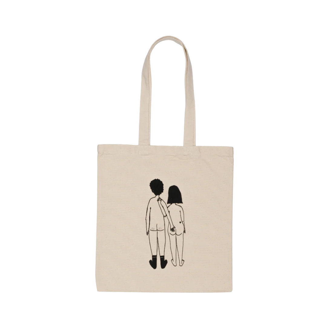 Tote bag de tela con ilustración de una pareja desnuda de espaldas y él le toca el culo a ella