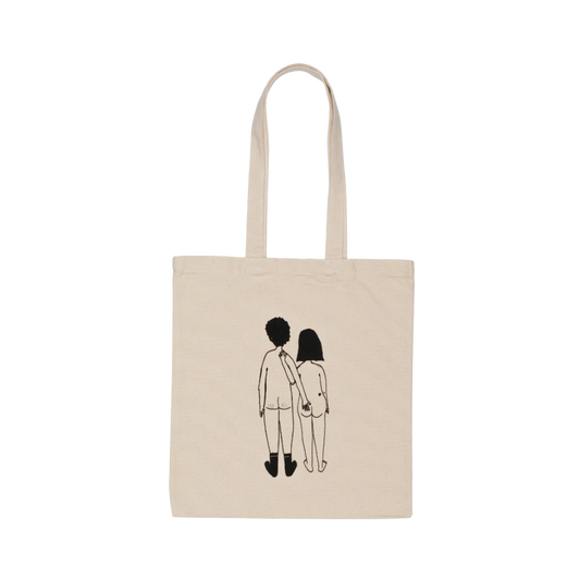 Tote bag de tela con ilustración de una pareja desnuda de espaldas y él le toca el culo a ella