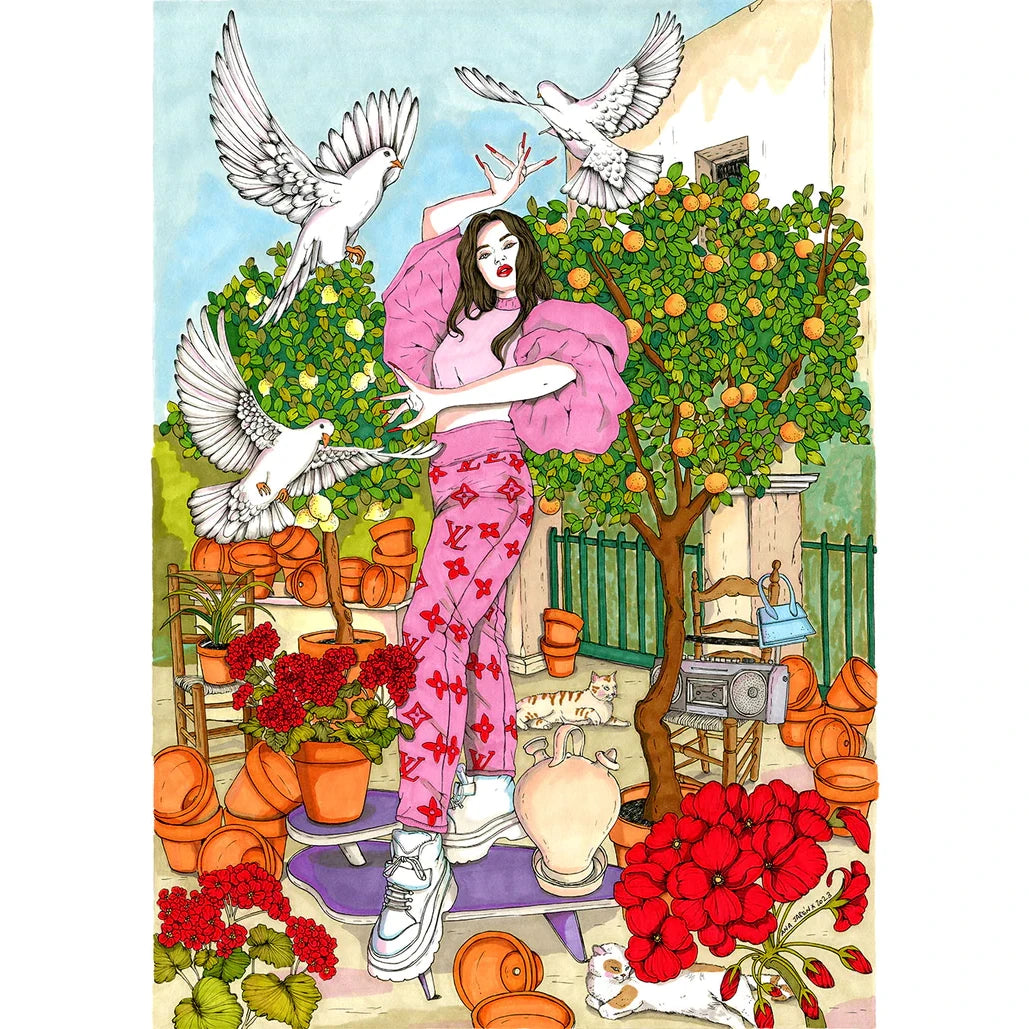 ilustración de la artista Ana Jarén de la cantante Rosalía bailando en un patio con palomas, flores, macetas por el suelo y árboles