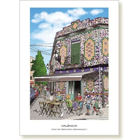 Ilustración en lámina A4 de la fachada de la casa Trencadís, en el barrio de Benimaclet (Valencia) cubierta de trozos de azulejos de colores