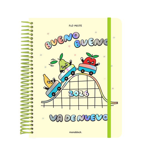 Agenda 2026 de Flo Meije con ilustración de varias frutas montadas en una montaña rusa y la frase: "Bueno bueno, va de nuevo"