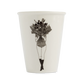 taza de porcelana con el dibujo en negro de una chica con la cara tapada por un ramo de flores