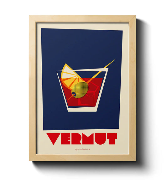 Ilustración de un vaso de vermut sobre fondo azul y la palabra escrita en letras mayúsculas rojas