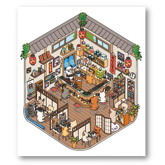 Página interior del libro de pegatinas Viaje a Japón, donde un montón de animalitos se divierten en una izakaya o taberna japonesa