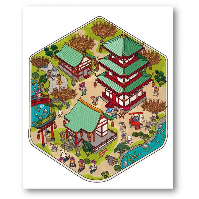 Página interior del libro de pegatinas Viaje a Japón, donde un montón de animalitos se divierten en un parque entre pagodas y jardines  