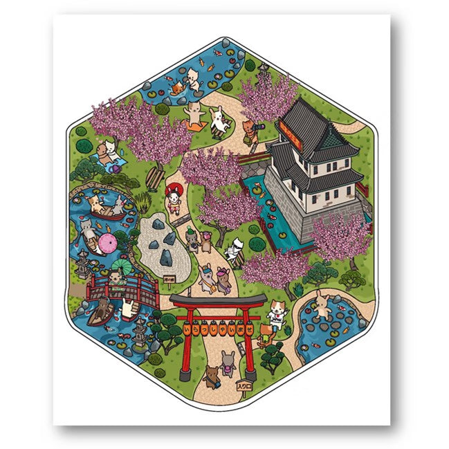 Página interior del libro de pegatinas Viaje a Japón, donde un montón de animalitos se divierten en un parque japonés
