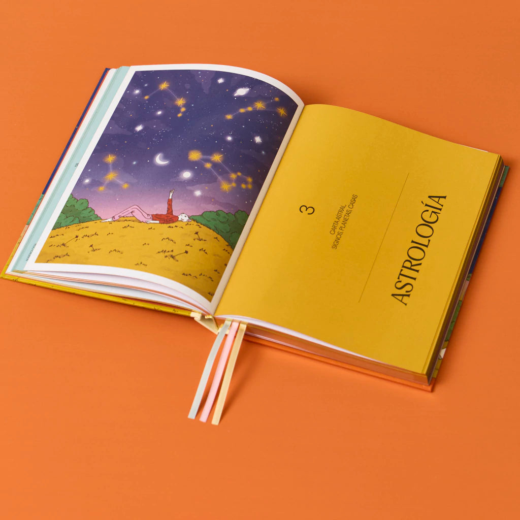Ilustración de un conejo mirando el cielo estrellado y portadilla de astrología del libro Astrología, numerología, tzolkin de Rachel in the sky