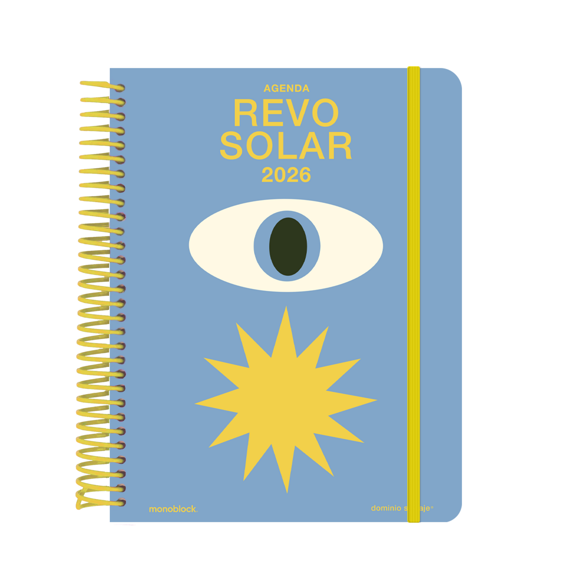Portada de la agenda de Dominio Salvaje Revo Solar para 2026 con ilustración de un gran ojo sobre fondo azul