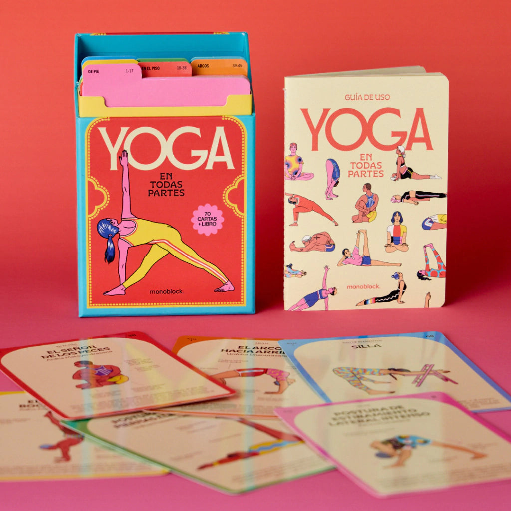 Guía con cartas ilustradas de diferentes posturas de yoga y manual de uso