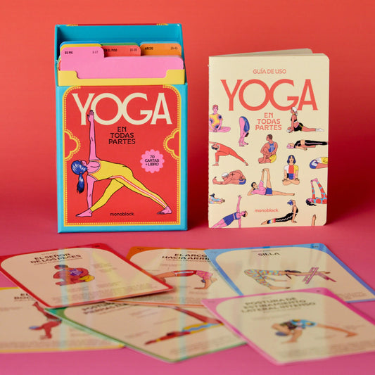 Guía con cartas ilustradas de diferentes posturas de yoga y manual de uso