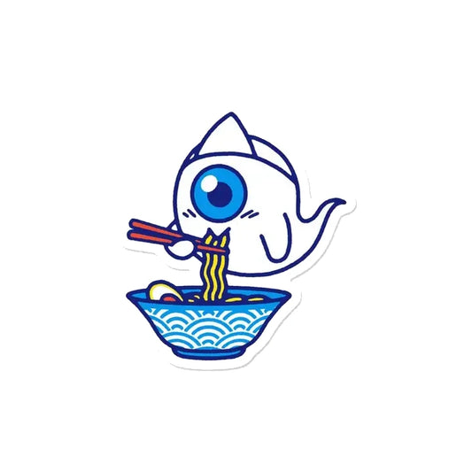Pegatina con forma de fantasma japonés de un sólo ojo comiendo un bol de ramen con palillos
