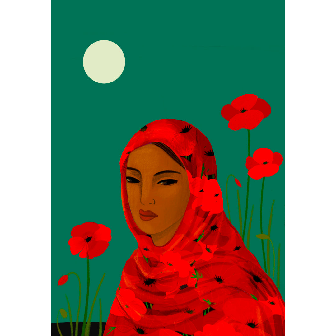 mujer con un pañuelo alrededor de la cabeza y el cuello a forma de hiyab con estampado de amapolas, con amapolas en el fondo y una luna sobre fondo verde