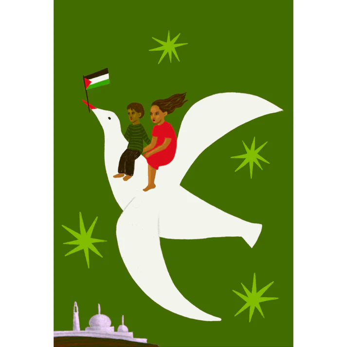 Ilustración de dos niños montados en una paloma blanca con la bandera de Palestina en el pico