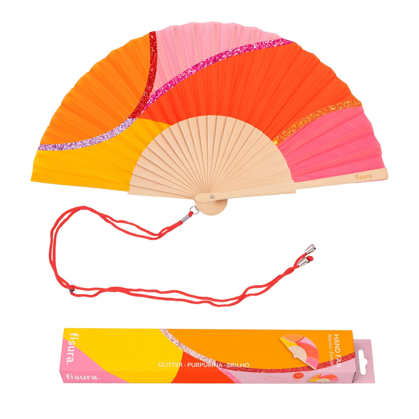  abanico de la marca fisura con ondas en colores amarillo, naranja y rosa, y con purpurina de colores, con la cuerda roja para colgarlo al cuello o a la mano, y su caja
