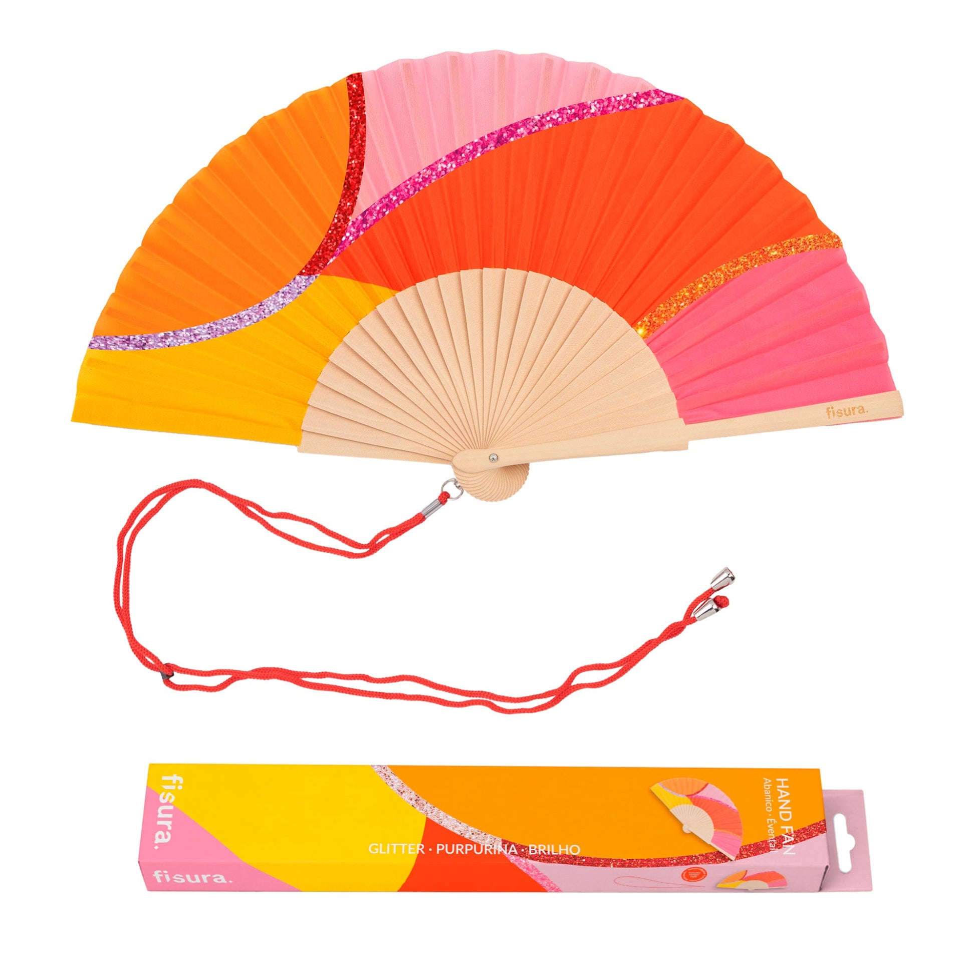  abanico de la marca fisura con ondas en colores amarillo, naranja y rosa, y con purpurina de colores, con la cuerda roja para colgarlo al cuello o a la mano, y su caja
